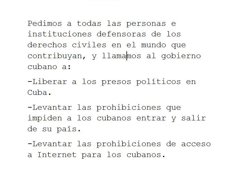 llamamiento al gobierno cubano y al mundo